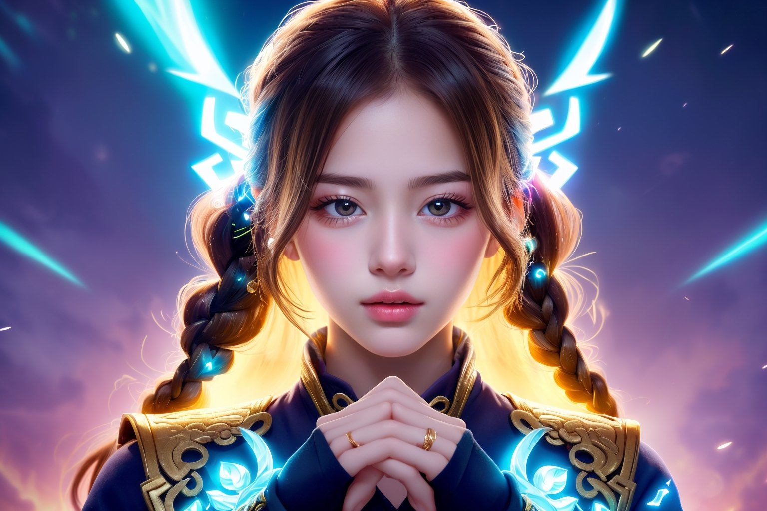 Genshin Impact game character, (((waist-up shot))), (8k, RAW photo, best quality, masterpiece:1.2), 1girl, (ultra realistic, absurdres:1.2), depth of field, (photo-realistic:1.5) (professional lighting:1.4), ((kinetic light:1.4) (thrilling cinematic action:1.5), bokeh, bioluminescence, luminism, (black and red Genshin Impact costume), beautiful Korean 18yo girl, idol face, gorgeous girl, {beautiful and detailed eyes}, {normal limbs and fingers}, ((accurate hands without incongruity)), Golden ratio, perfect body ratio, The face of a young actress in korea, slender girl, elegant, teenage top model, smooth soft skin, perfect face, smooth soft skin, [Meisa Kuroki|Kasumi Arimura], fearless and beautiful, buxom, thicc, (fit), graceful, strong, finely detailed beautiful face, finely detailed beautiful heterochromia eyes, (vibrant and bold), kind, wise, and ephemeral, blond hair, braids, intricate, medium breasts, (fantasia:1), epic, heroic, brilliant, dial it to 11, artistic color palette, color grading, sidelighting, Extremely detailed, insane detail,use Alchemy beta 2D image pipeline from Leonardo.Ai to enhance the image, medium natural breasts, raiden shogun, 1girl, weapon, sakura haruno, Circle, firemagicAI, lightningmagicAI, GlowingRunes_magenta, glowing runes, body runes, hasumidef, Enhance,More Detail,JeeSoo ,Realism