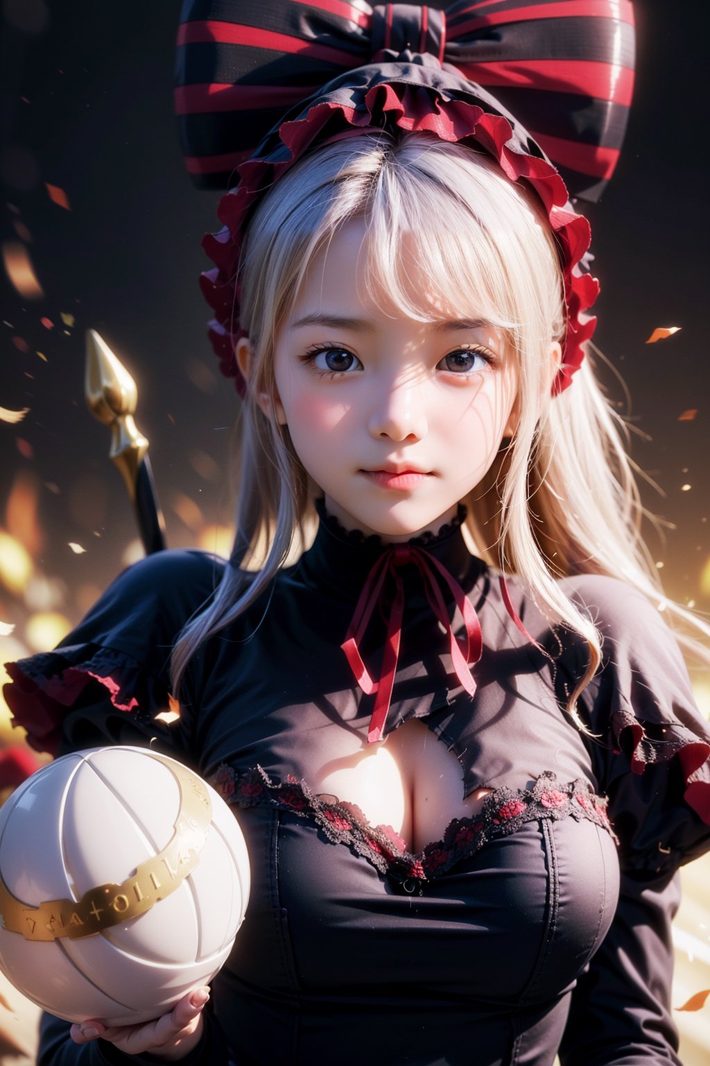 score_9,score_8_up,score_7_up,score_6_up, masterpiece, best quality, 8k, 8k UHD, ultra-high resolution, ultra-high definition, highres ,//Character, 1girl, most beautiful korean girl, Korean beauty model, stunningly beautiful girl, gorgeous girl, 20yo, over sized eyes, big eyes, smiling, looking at viewer, solo,shalltear bloodfallen \(overlord\), red eyes, long hair, white hair, bangs, ponytail ,//Fashion, gothic lolita, striped bow, frilled dress, long sleeves ,//Background, white_background ,//Others, ,Expressiveh, dynamic pose, blood ball charging,shalltear bloodfallen