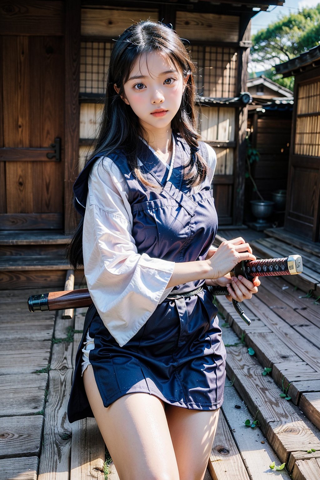 masterpiece, best quality, ultra realistic illustration, 16K, (HDR), high resolution, female_solo, slender hot body proportion, looking at viewer, big eyes, beautiful korean girl, 1 female samurai , holding sword katana+battoujutsu, (wearing highly detailed red haori+hakama skirt), full-body shot, (white long hair:1.0), (green eyes:1.0), highly detailed background of ancient Japan architecture, add More Detail,Enhance,chinatsumura,wgz_style