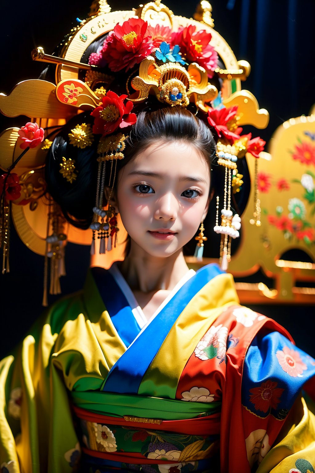 1 girl, most beautiful korean girl, Korean beauty model, idol face, gorgeous girl, 18yo, over sized eyes, big eyes, smiling, looking at viewer, (RAW photo, best quality), (real, photo real: 1.3), detailed face + eyes, casual pose, elegant, stunning Japanese traditional costume oiran, gorgeous hair accessories, phoenix eyes, cool, Disdainful look, fractal art, bright colors, beautiful Japanese supermodel wearing clogs, radiant, perfect custom gorgeous floral embroidery pattern suit, custom design, cowboy shot,  floral print,masterpiece