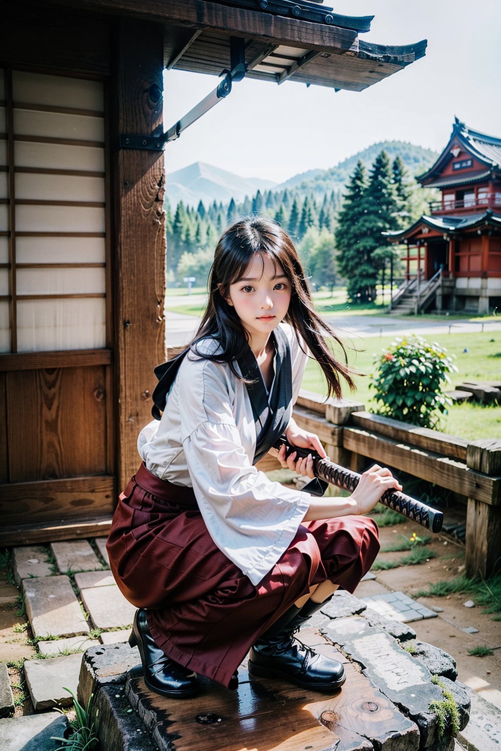 masterpiece, best quality, ultra realistic illustration, 16K, (HDR), high resolution, female_solo, slender hot body proportion, looking at viewer, over sized eyes, big eyes, beautiful korean girl, stunningly beautiful girl, gorgeous girl, an extremely cute and beautiful girl, highly detailed beautiful face and eyes, 1 female samurai , full body, holding sword katana+battoujutsu, (wearing highly detailed red haori+hakama skirt), full-body shot, (white long hair:1.0), (green eyes:1.0), highly detailed background of ancient Japan architecture, add More Detail,Enhance,chinatsumura,chinkstyle,wgz_style