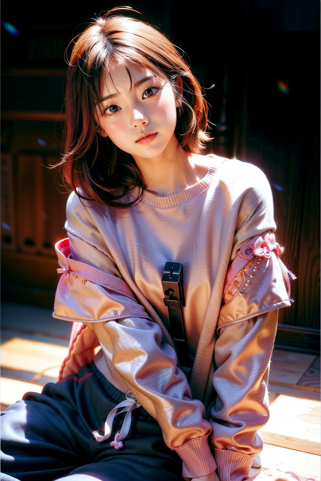 1girl, most beautiful korean girl, Korean beauty model, stunningly beautiful girl, gorgeous girl, 20yo, over sized eyes, big eyes, smiling, looking at viewer, dark gothic cyberpunk woman, defiant face, pastel colors, in clothes, colorful hair, light yellow sweatshirt, pants, black, with pink, guns hd, high detail, huoshen, TheLastOfUs, mgln