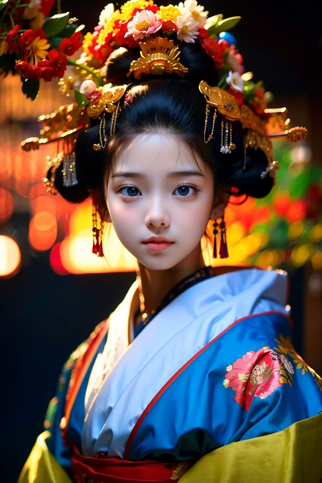 1 girl, most beautiful korean girl, Korean beauty model, idol face, gorgeous girl, 18yo, over sized eyes, big eyes, smiling, looking at viewer, (RAW photo, best quality), (real, photo real: 1.3), detailed face + eyes, casual pose, elegant, stunning Japanese traditional costume oiran, gorgeous hair accessories, phoenix eyes, cool, Disdainful look, fractal art, bright colors, beautiful Japanese supermodel wearing clogs, radiant, perfect custom gorgeous floral embroidery pattern suit, custom design, cowboy shot,  floral print,masterpiece