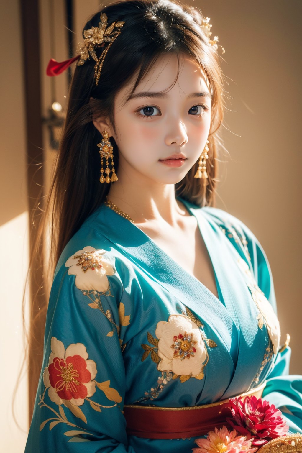 1 girl, most beautiful korean girl, Korean beauty model, idol face, gorgeous girl, 18yo, over sized eyes, big eyes, smiling, looking at viewer, (RAW photo, best quality), (real, photo real: 1.3), detailed face + eyes, casual pose, elegant, stunning Japanese traditional costume oiran, gorgeous hair accessories, phoenix eyes, cool, Disdainful look, fractal art, bright colors, beautiful Japanese supermodel wearing clogs, radiant, perfect custom gorgeous floral embroidery pattern suit, custom design, cowboy shot, floral print, masterpiece,best quality