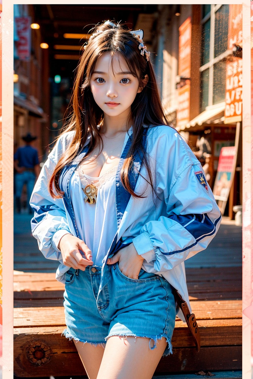 high quality, cute stickers, style cartoon, white border, cute Super Deformed Character, colorful, Detailed illustration of a woman with her hands in her pockets in a bohemian style outfit, by yukisakura, awesome full color, Realism, 1girl, most beautiful korean girl, Korean beauty model, idol face, gorgeous girl, an extremely cute and beautiful girl, highly detailed beautiful face and eyes, over sized eyes, big eyes, smiling, 18 year old gravure model, perfect body, looking at viewer, ((Cowboy Shot: 1.5)), more detail,nail polish,bodypaint,b0dyx,hoodedbunny,th1nbodysu1t,masterpiece,bodyconf,white bodystocking