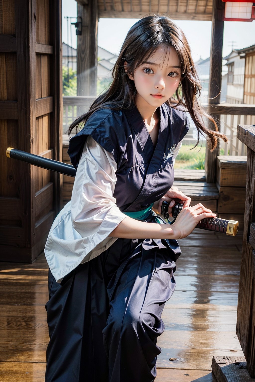 masterpiece, best quality, ultra realistic illustration, 16K, (HDR), high resolution, female_solo, slender hot body proportion, looking at viewer, over sized eyes, big eyes, beautiful korean girl, stunningly beautiful girl, gorgeous girl, an extremely cute and beautiful girl, highly detailed beautiful face and eyes, 1 female samurai , holding sword katana+battoujutsu, (wearing highly detailed red haori+hakama skirt), full-body shot, (white long hair:1.0), (green eyes:1.0), highly detailed background of ancient Japan architecture, add More Detail,Enhance,chinatsumura,chinkstyle,wgz_style