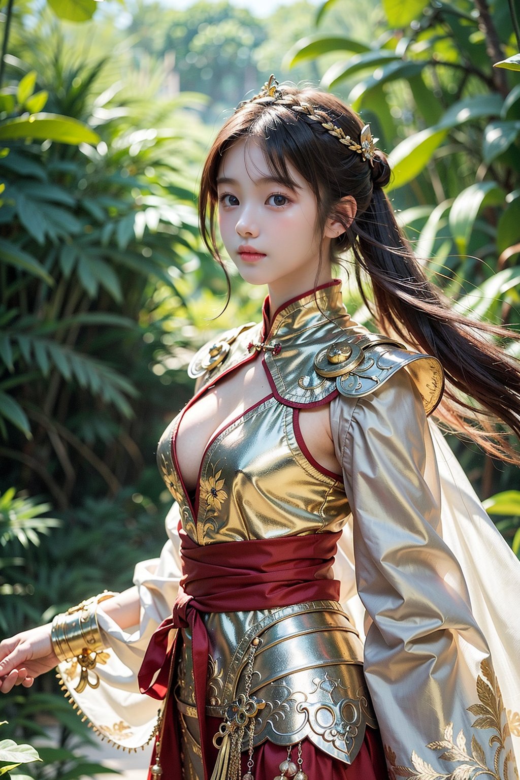 In a tranquil, mist-filled valley, a young Chinese girl stands at the center of a striking scene, clad in traditional battle armor that glistens with a blend of gold and deep red hues. The armor, ornate with intricate dragon motifs, reflects soft, diffuse light that highlights its metallic texture and rich color palette. In her hand, she wields a sword of exceptional sharpness, its mirror-like blade capturing and reflecting sunlight with a dazzling brilliance. Her dark hair, styled into a sleek bun and adorned with an elaborate hairpin, frames her determined face, which is illuminated by gentle highlights that emphasize her resolute expression. The soft, ethereal mist in the background adds a layer of mystery and depth, blending seamlessly with the serene landscape of ancient mountains and flowing rivers. The sunlight filters through the mist, creating sparkling reflections on her armor and sword, adding dynamic brightness to the scene. Flowing silk sashes drape elegantly from her armor, their deep red fabric contrasting with the rigid structure of the armor and enhancing the sense of graceful movement. The foreground is subtly detailed, providing context and depth to the composition, while maintaining a harmonious balance with the central figure. This image merges the intricate beauty of traditional Chinese art with a touch of fantasy, echoing the stylistic elements of Wang Ximeng's landscape art, Studio Ghibli’s enchanting worlds, and the delicate fluidity of Chinese watercolor painting. ((Cowboy Shot: 1.5)), 1girl, most beautiful korean girl, Korean beauty model, idol face, stunningly beautiful girl, gorgeous girl, an extremely cute and beautiful girl, highly detailed beautiful face and eyes, over sized eyes, big eyes, smiling, 18 year old gravure model, perfect body, looking at viewer 