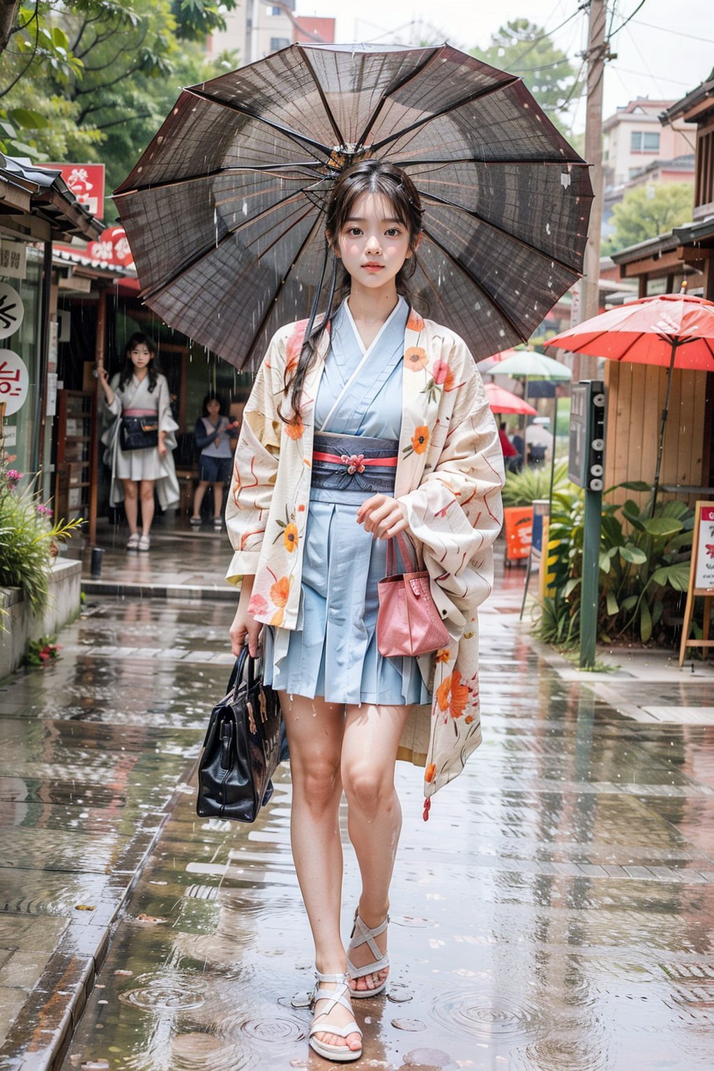 high school girl runing under the rain, holding shoes and bag, wet uniform, wet hair, no raincoat, no umbrella, rain drop, water splash, from_front_view, 1girl, most beautiful korean girl, Korean beauty model, idol face, gorgeous girl, an extremely cute and beautiful girl, highly detailed beautiful face and eyes, over sized eyes, big eyes, smiling, 18 year old gravure model, perfect body, looking at viewer,
all body,see-through ,seethru,zzenny_n,hand holding umbrella,wearing kimono