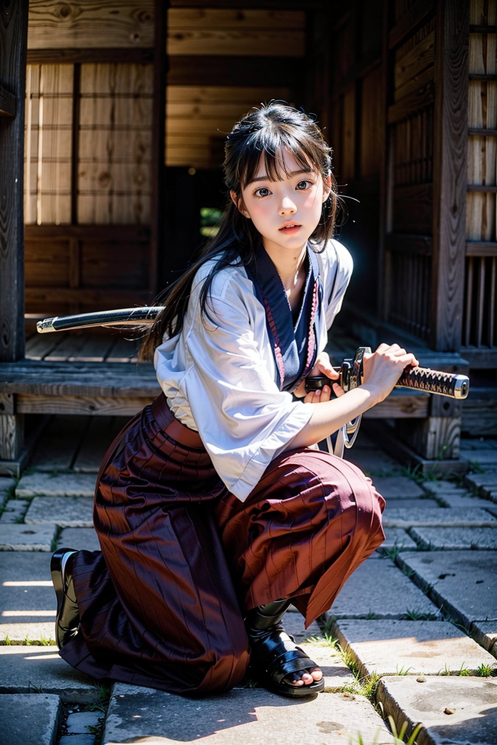 masterpiece, best quality, ultra realistic illustration, 16K, (HDR), high resolution, female_solo, slender hot body proportion, looking at viewer, over sized eyes, big eyes, beautiful korean girl, stunningly beautiful girl, gorgeous girl, an extremely cute and beautiful girl, highly detailed beautiful face and eyes, 1 female samurai , full body, holding sword katana+battoujutsu, (wearing highly detailed red haori+hakama skirt), full-body shot, (white long hair:1.0), (green eyes:1.0), highly detailed background of ancient Japan architecture, add More Detail,Enhance,chinatsumura,chinkstyle,wgz_style