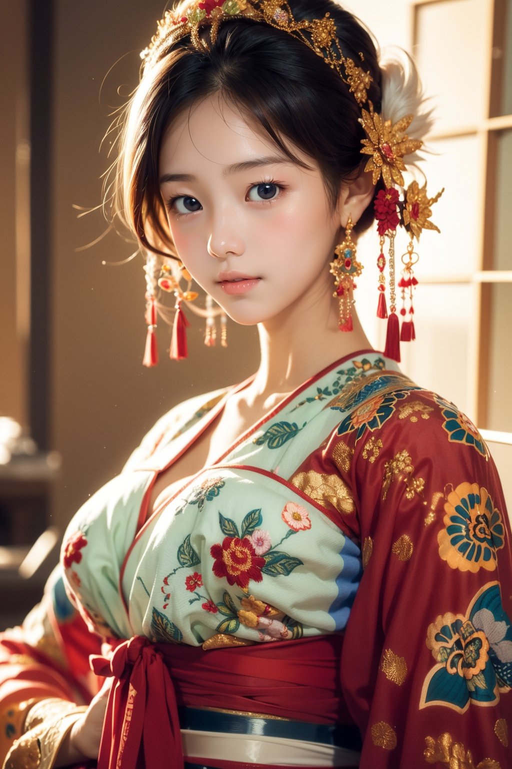 1 girl, most beautiful korean girl, Korean beauty model, idol face, gorgeous girl, 18yo, over sized eyes, big eyes, smiling, looking at viewer, (RAW photo, best quality), (real, photo real: 1.3), detailed face + eyes, casual pose, elegant, stunning Japanese traditional costume oiran, gorgeous hair accessories, phoenix eyes, cool, Disdainful look, fractal art, bright colors, beautiful Japanese supermodel wearing clogs, radiant, perfect custom gorgeous floral embroidery pattern suit, custom design, cowboy shot, floral print, masterpiece