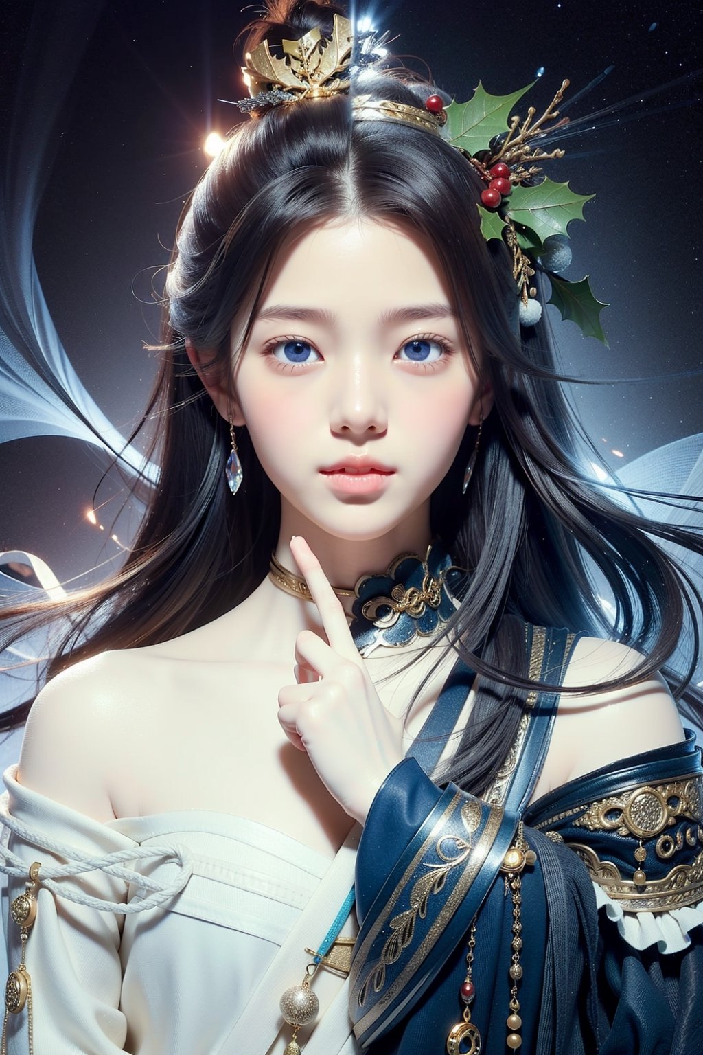  1girl, artist name, gem, glowing, jewelry, long hair, looking at viewer, magic, (christmas hat), artist name, aurora, choker, constellation, embers, light particles, tutututu, hand101,perfect light, beautiful Korean 18yo girl, idol face, gorgeous girl, {beautiful and detailed eyes}, {normal limbs and fingers}, ((accurate hands without incongruity)), Golden ratio, perfect body ratio, The face of a young actress in korea, high details, High quality, beauty face, perfect face,  
beautiful accurate face (eyes, nose and mouth), medium_breasts, Detailed face, Detailed eyes, perfect foot, perfect hand, perfect fingers, Clean facial skin, slim and perfect body, Glamor body type, film grain, realhands, looking at viewer