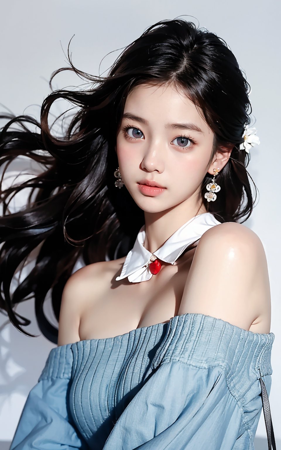 Masterpiece, best quality, official art, highly realistic, (masterpiece), (best quality), (1girl, most beautiful korean girl, Korean beauty model, stunningly beautiful girl, gorgeous girl, 20yo, over sized eyes, big eyes, smiling, looking at viewer), black big eyes, bangs, (powder blusher), shoulder length hair, yellow hair, flower hair clips, (blue sweater, shirt collar), small chest, pink shoulder bag, Upper body close-up with white background,Daofa Rune,Fashion Style, ,masterpiece