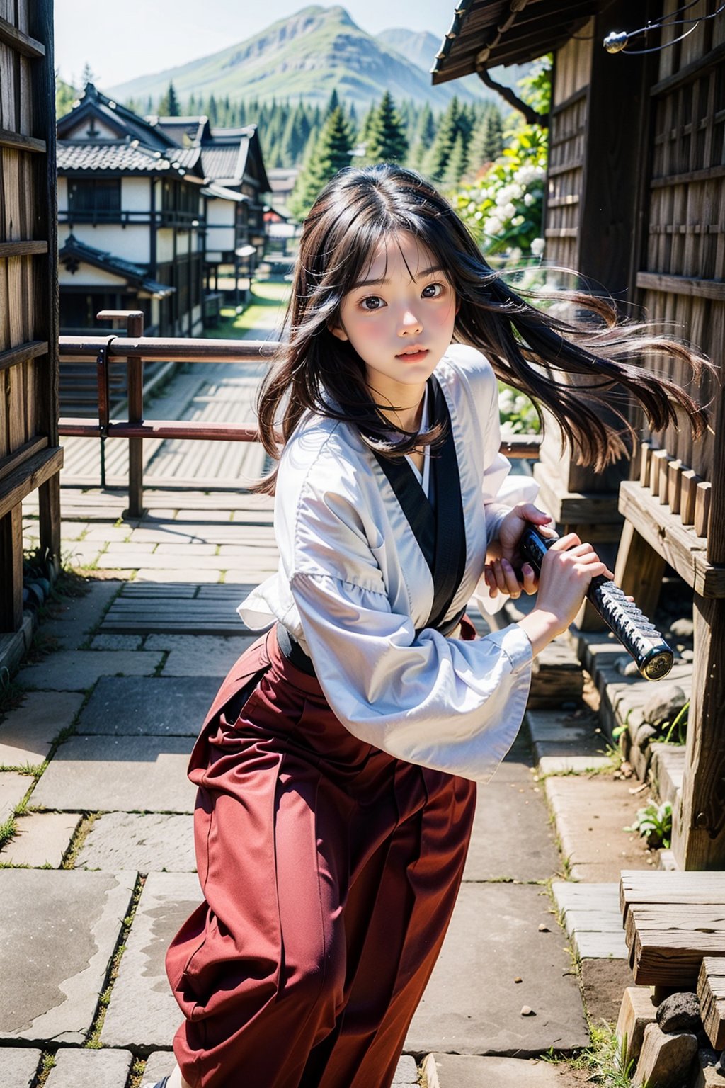 masterpiece, best quality, ultra realistic illustration, 16K, (HDR), high resolution, female_solo, slender hot body proportion, looking at viewer, over sized eyes, big eyes, beautiful korean girl, stunningly beautiful girl, gorgeous girl, an extremely cute and beautiful girl, highly detailed beautiful face and eyes, 1 female samurai , full body, holding sword katana+battoujutsu, (wearing highly detailed red haori+hakama skirt), full-body shot, (white long hair:1.0), (green eyes:1.0), highly detailed background of ancient Japan architecture, add More Detail,Enhance,chinatsumura,chinkstyle,wgz_style