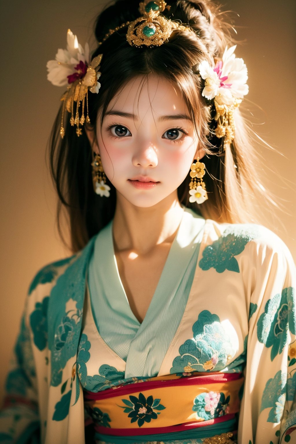 1 girl, most beautiful korean girl, Korean beauty model, idol face, gorgeous girl, 18yo, over sized eyes, big eyes, smiling, looking at viewer, (RAW photo, best quality), (real, photo real: 1.3), detailed face + eyes, casual pose, elegant, stunning Japanese traditional costume oiran, gorgeous hair accessories, phoenix eyes, cool, Disdainful look, fractal art, bright colors, beautiful Japanese supermodel wearing clogs, radiant, perfect custom gorgeous floral embroidery pattern suit, custom design, cowboy shot, floral print, masterpiece