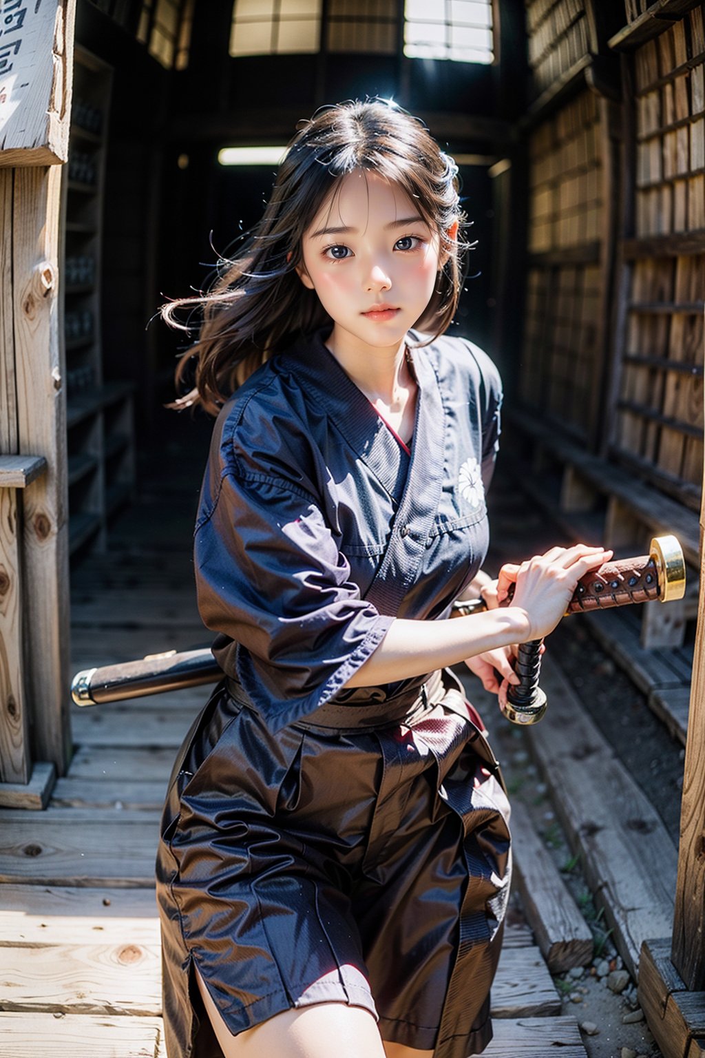 masterpiece, best quality, ultra realistic illustration, 16K, (HDR), high resolution, female_solo, slender hot body proportion, looking at viewer, big eyes, beautiful korean girl, 1 female samurai , holding sword katana+battoujutsu, (wearing highly detailed red haori+hakama skirt), full-body shot, (white long hair:1.0), (green eyes:1.0), highly detailed background of ancient Japan architecture, add More Detail,Enhance,chinatsumura,wgz_style