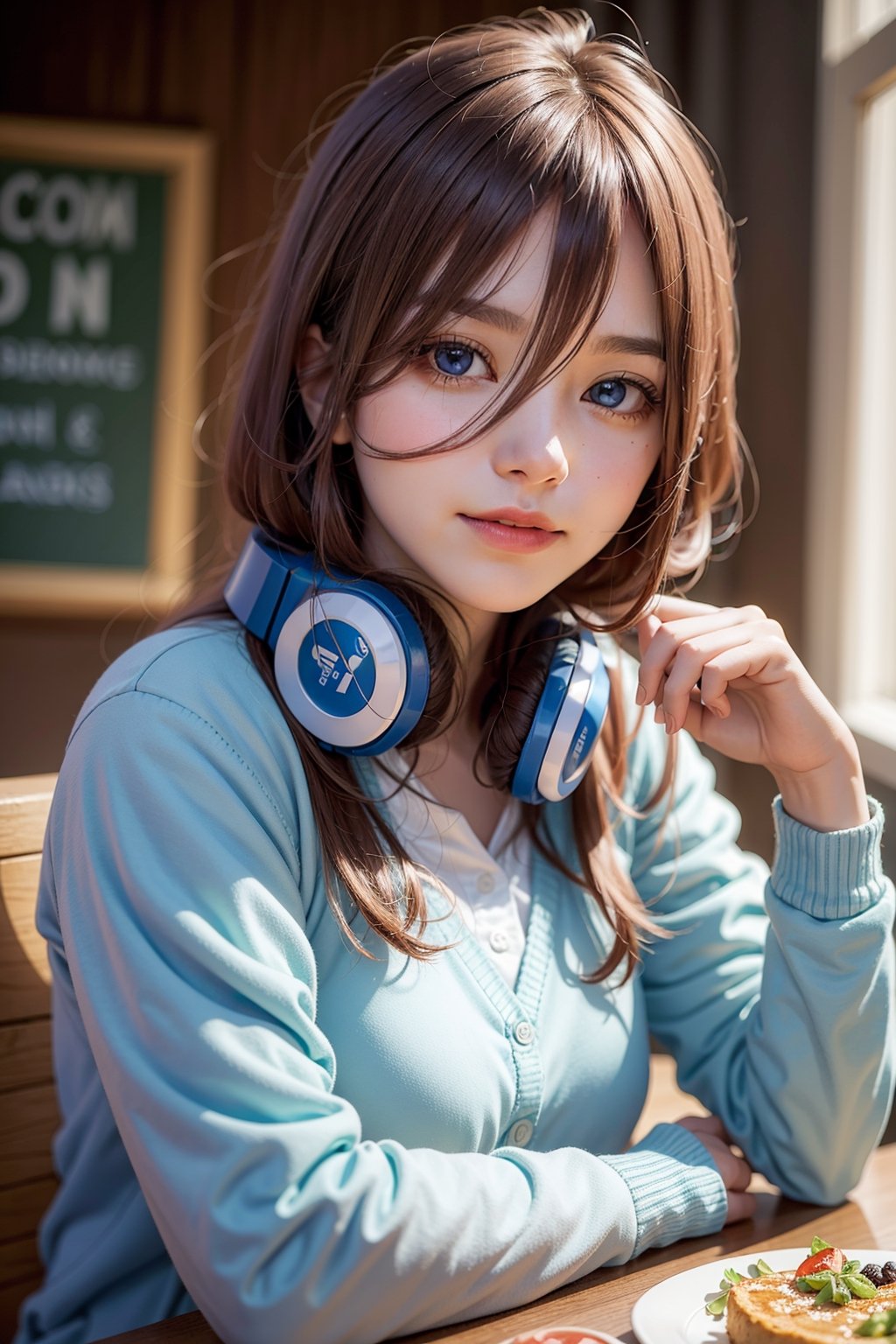 ((masterpiece, 8k, RAW, ultra realistic)), miku nakano, enjoying breakfast before school, long hair, bangs, blue eyes, brown hair, shirt, hair between eyes, shy smile, headphones, blue cardigan, white shirt, GREEN SKIRT, headphones around neck,
,MIKU NAKANO,Realism,Portrait