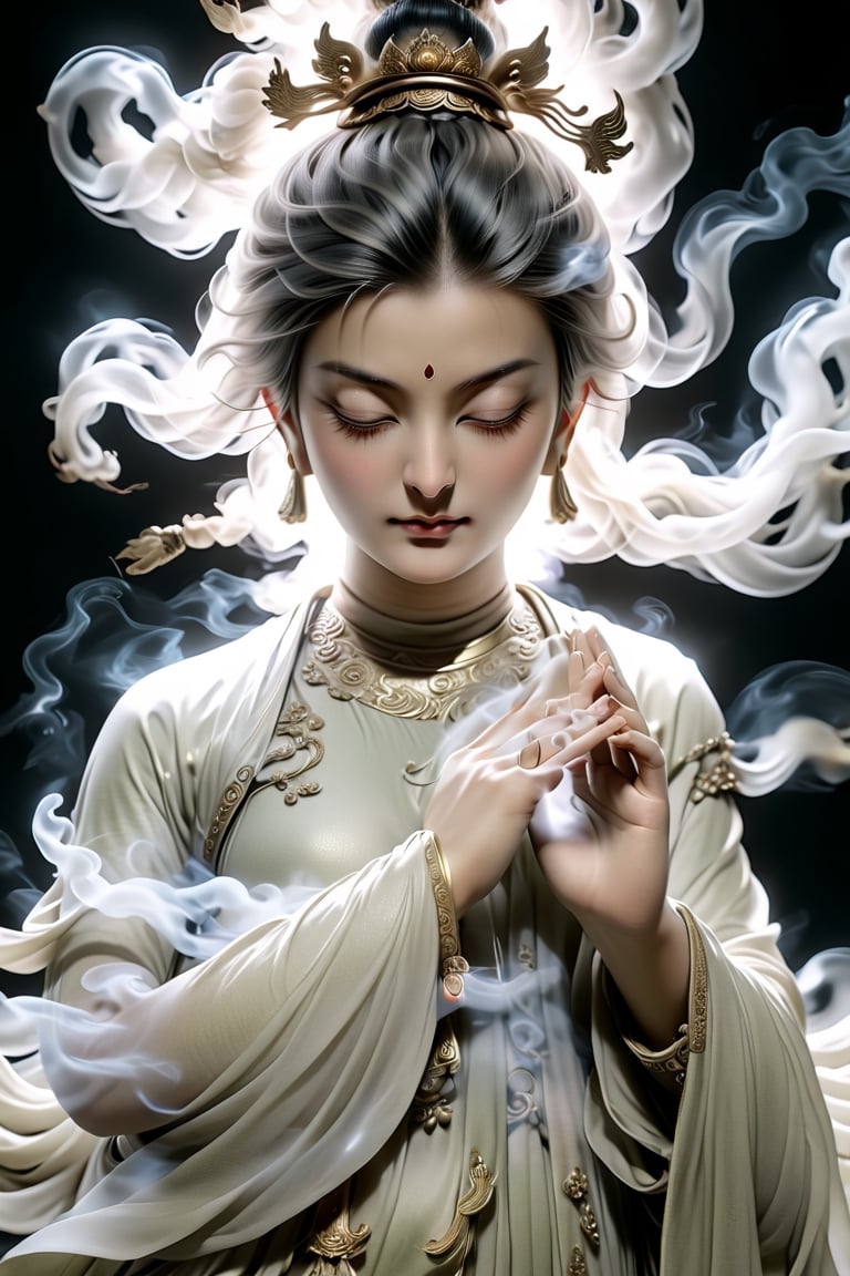 a Guanyin girl, [a white lighting translucent phantom made of smoke], intricate design, photorealistic, hyperrealistic, high definition, extremely detailed, cinematic, UHD, HDR, 32k, ultra hd, realistic, dark muted tones, highly detailed, perfect composition, beautiful detailed intricate insanely detailed octane render, trending on artstation,ghost person,Flat vector art,Magical Fantasy style