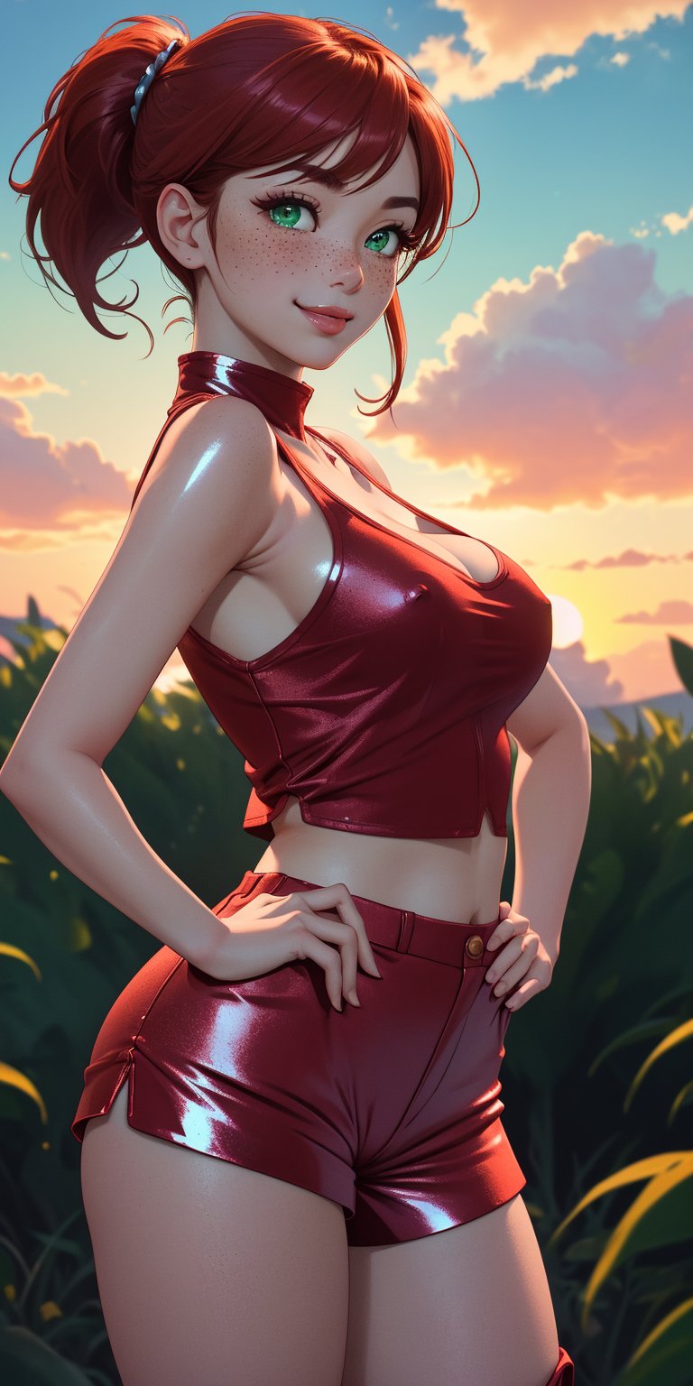 (masterpiece,16k UHD,absurdres,high quality,photorealistic,aesthetic,depth of field),(1girl,solo),(asian girl,hands on hips,sexy,seductive pose,innocent pose,bending over,angled waist,grabbing butt),cowboy shot,((wearing red shiny low waist shorts,red cropped tank top,long shiny red knee high boots)),realistic clothes fabric,(medium round breasts,cleavage),(hard perky nipples:0.9),(cameltoe,shaved crotch),(hot body,gaunt body,nice skin,glossy skin,realistic skin),(toned legs),(looking at viewer:1),(smirk,beauty face,cute,lovely,blush),(moles in cheeks:0.8),(freckles in shoulders),(brown redhead hair,high ponytail,realistic hair:1),(beautiful green eyes,perfect eyes,eyelashes),(blue sky,sunset,dawn,dramatic clouds),perfect,hands,fingers