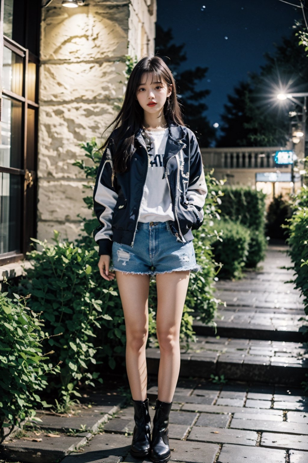 (masterpiece, top quality, best quality,1girls,Korean, beautiful face, long hair, 19 years old, jacket, shorts, boots, hills, night, christmas style,little_cute_girl,iu, gif,xxmix_girl