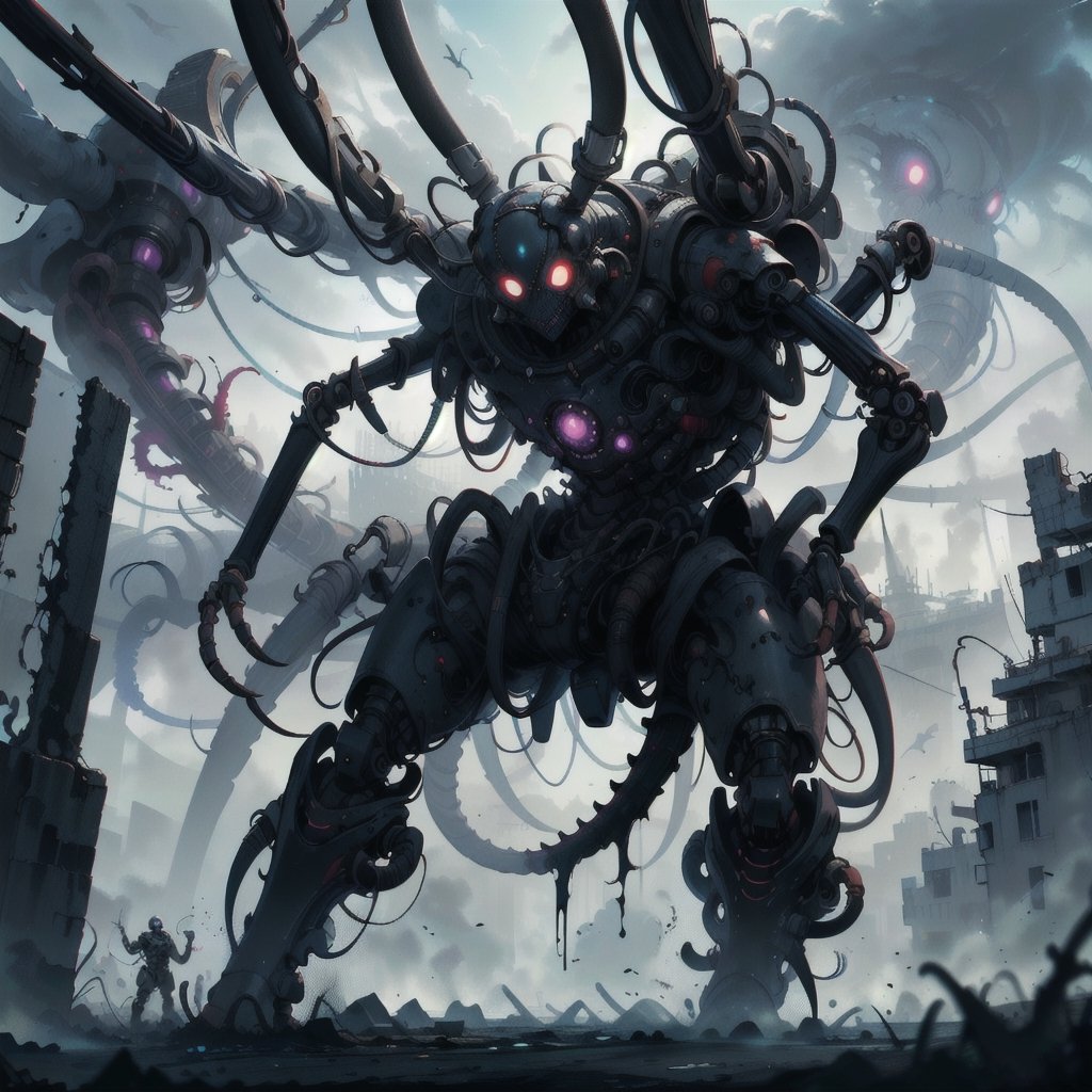 ultra-detailed,(best quality),((masterpiece)),(highres),original,extremely_detailed,(an extremely delicate and beautiful),perfectly_drawn,high_resolution,ultra_detailed,|eldritchtech|,mechanical_spider,spider,corpse, biomechanical, flesh,bones,rotten,horror,splatterpunk,bio_horror,tech,dark_fantasy,grimdark,silent_hill_creature,ancient_technology,morbid,horrorpunk,ToxicPunkAI,manga panel,dragon ear