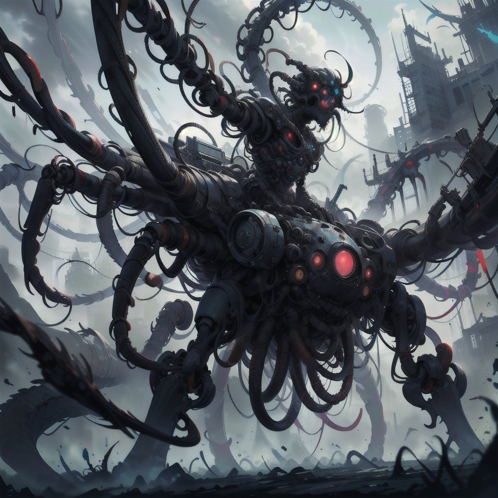 ultra-detailed,(best quality),((masterpiece)),(highres),original,extremely_detailed,(an extremely delicate and beautiful),perfectly_drawn,high_resolution,ultra_detailed,|eldritchtech|,mechanical_spider,spider,corpse, biomechanical, flesh,bones,rotten,horror,splatterpunk,bio_horror,tech,dark_fantasy,grimdark,silent_hill_creature,ancient_technology,morbid,horrorpunk,ToxicPunkAI,manga panel,dragon ear