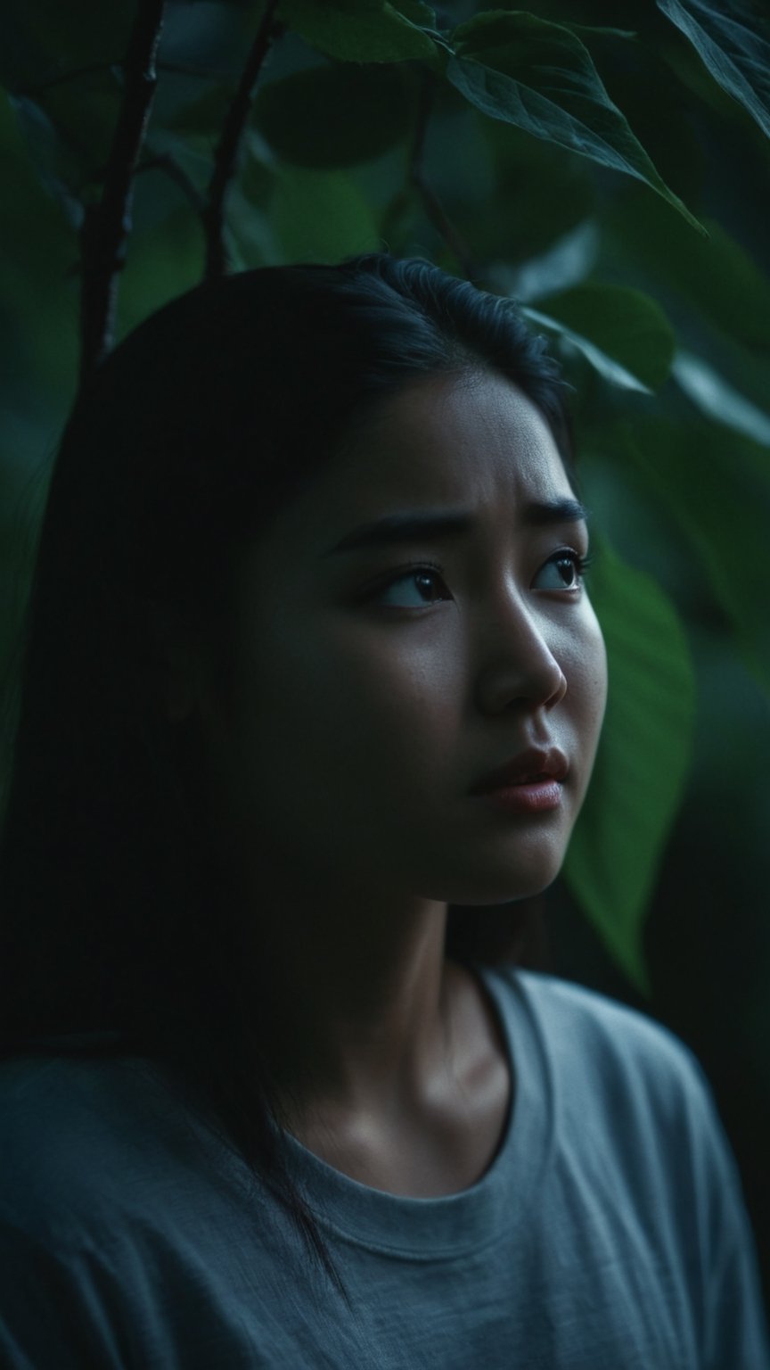 visible from afar ,(((full body:1.1))), Indonesian local girl, (((crying_tears))), cinematic film still of dim light, low light, dramatic light, partially covered in shadow, realistic photo, close-up, close-up shot, plain white t-shirt,, masterpiece, ripped long denim pants, 18 years old, radiating an air of allure and sophisticated charm, with a striking, captivating face, positioned against the backdrop of a busy nighttime fantasy forest, shining leaves, shining flowers,, her gaze piercing into the camera, Low-key lighting , 32k resolution, best quality, high saturation , edgy, photo-real, Style, sky, at dusk,scenery, shallow depth of field, vignette, highly detailed, high budget, bokeh, cinemascope, moody, epic, gorgeous, film grain, grainy, Low-key lighting Style ,neon photography style