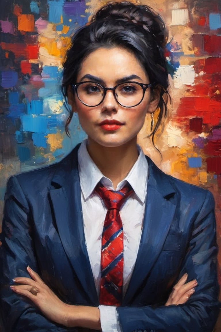 (masterpiece), (half body), the woman has black hair tied up in a bun,  and is wearing a dark blue tailored suit,  with a white shirt and a red tie. He wears black-framed glasses and a silver wristwatch,  the image is 8k quality, intense colors, vibrant colors, chromatic aberration, sharp focus, intricate, beautiful volumetric lighting, epic light, bokeh,more detail XL,oil paint,painting