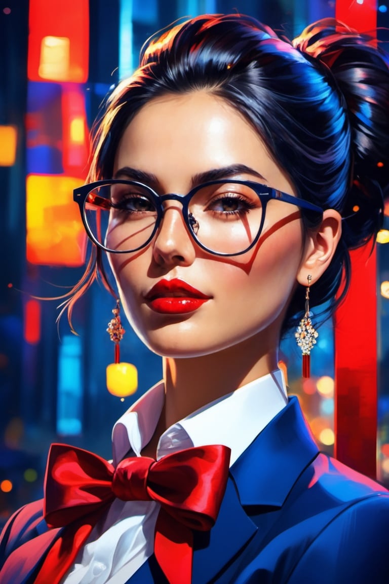 (masterpiece), (half body), the woman has black hair tied up in a bun,  and is wearing a dark blue tailored suit,  with a white shirt and a red tie. He wears black-framed glasses and a silver wristwatch,  the image is 8k quality, intense colors, vibrant colors, chromatic aberration, sharp focus, intricate, beautiful volumetric lighting, epic light, bokeh,more detail XL,oil paint