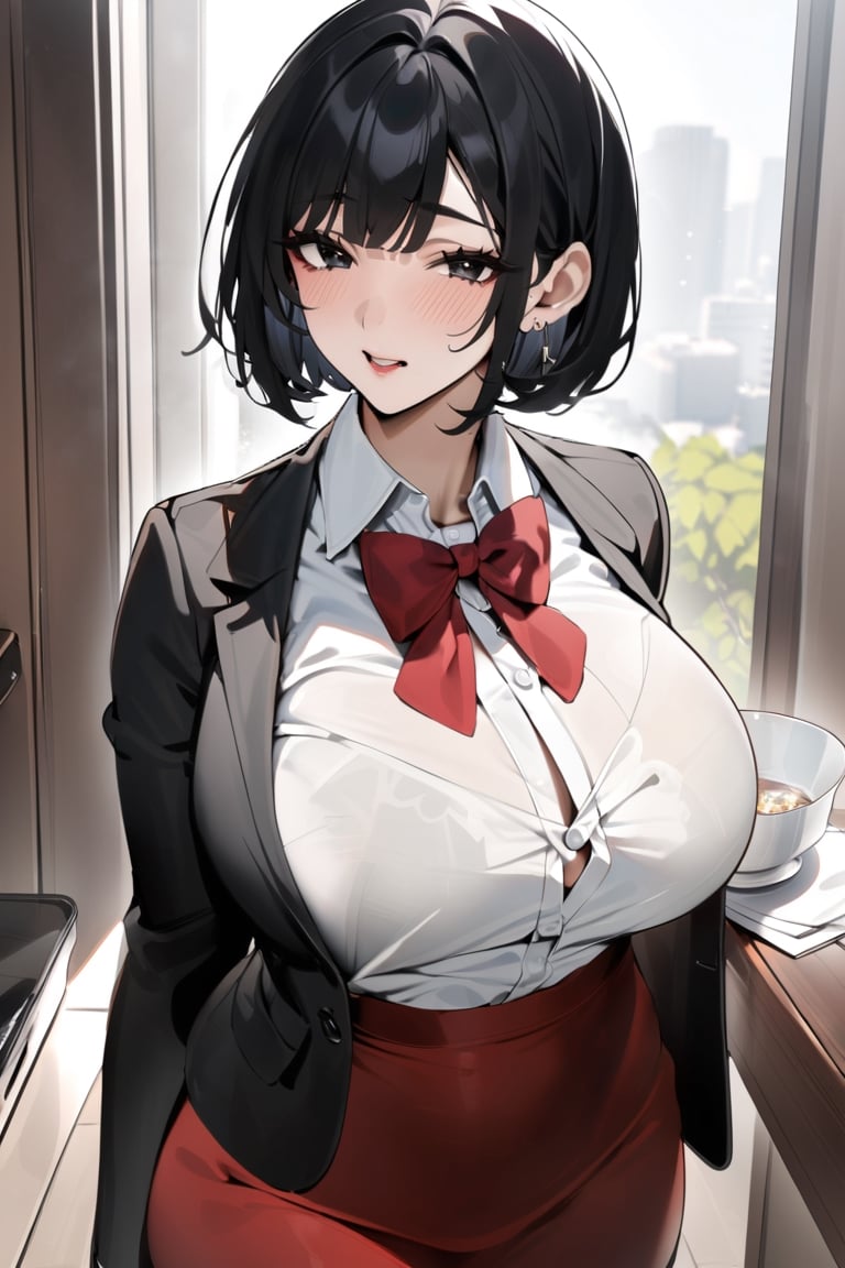 masterpiece, best quality, single, black hair, short hair, bowl haircut, messy hairstyle, sharp eyes, black eyes, school uniform, black jacket, white shirt, red bow tie, red skirt,mature female,milf