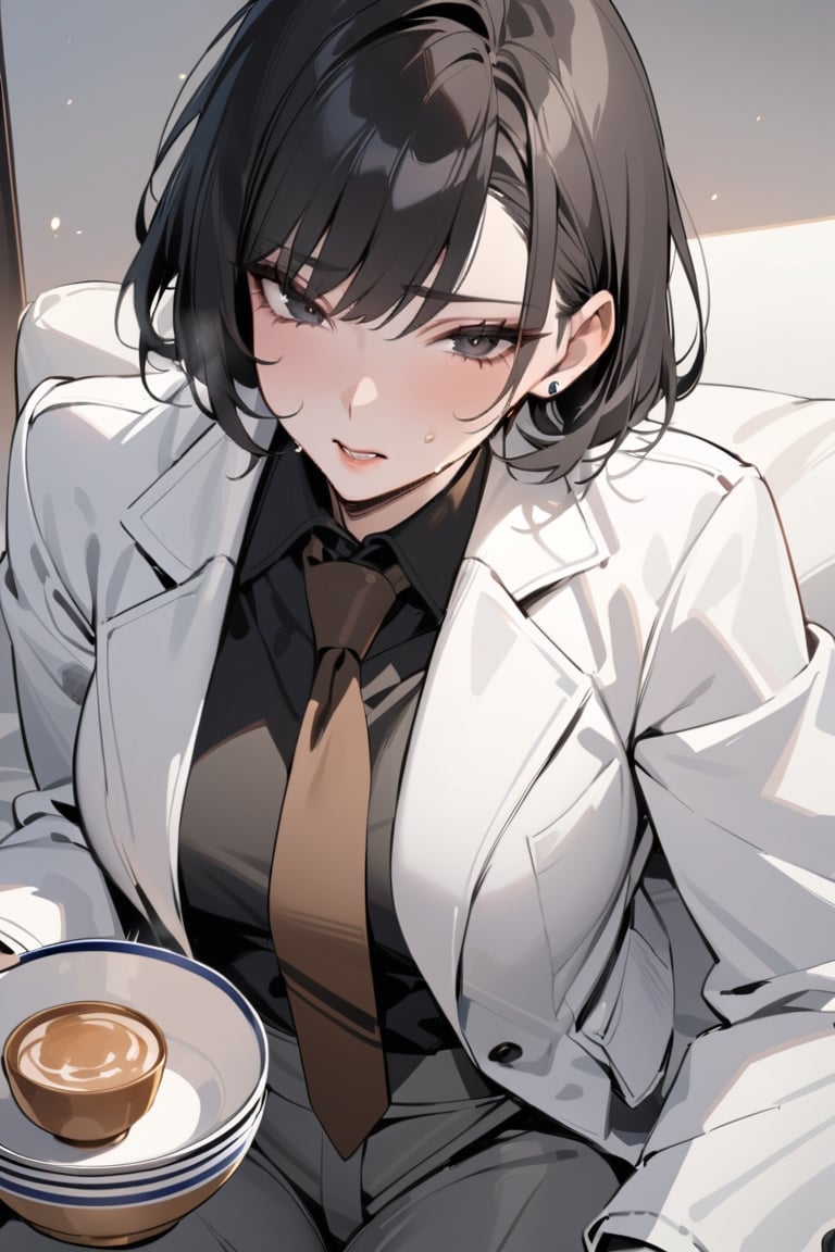 masterpiece, best quality, 1 boy, single, black hair, short hair, bowl haircut, messy hairstyle, sharp eyes, black eyes, school uniform, white jacket, black shirt, brown tie, gray pants,mature female