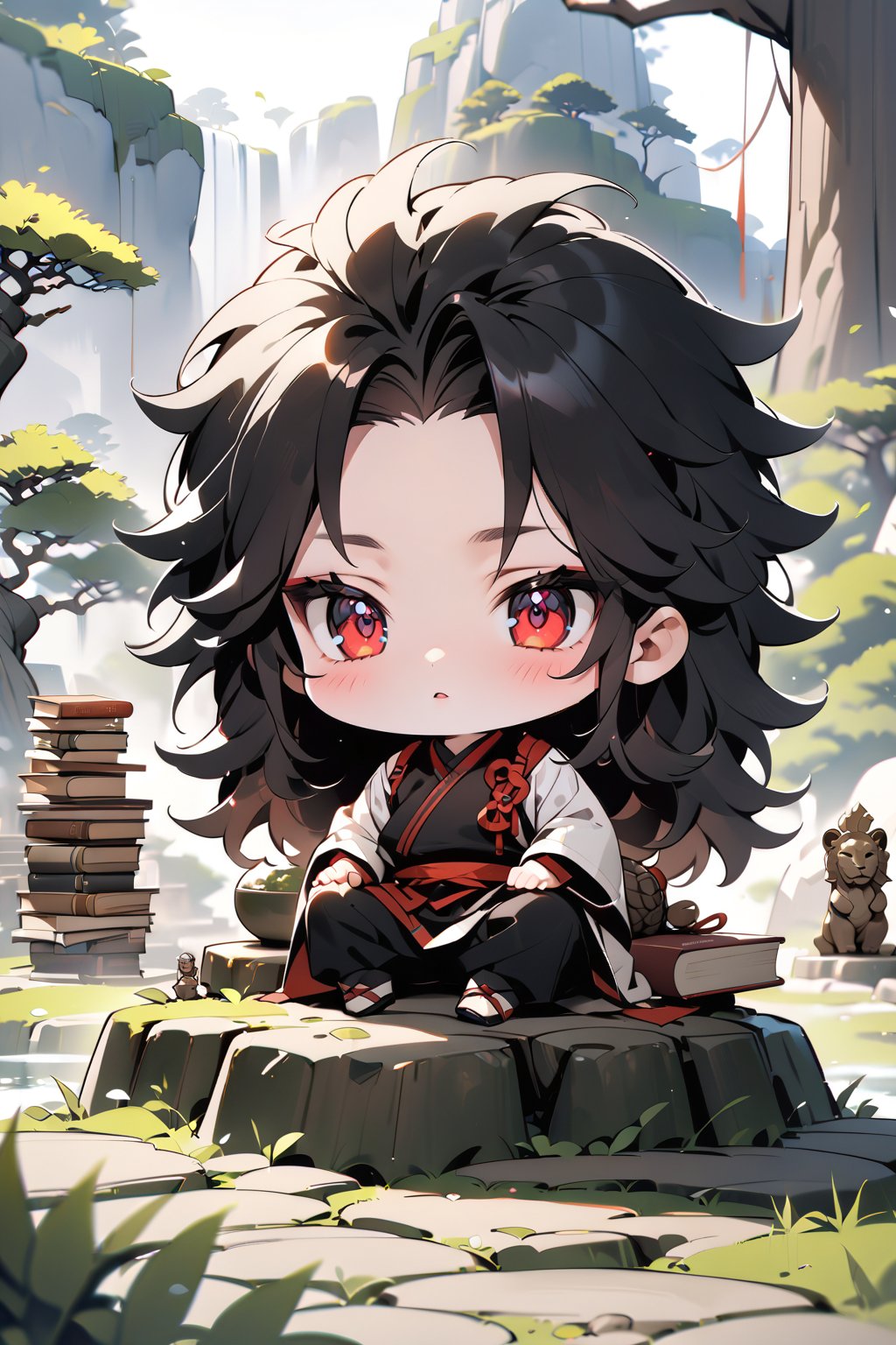 Masterpiece, best quality, absurd, chibi, chibi style, 1 boy, young man, black hair, long hair, messy hair, lion's mane hair, red eyes, short stature, martial clothing, sitting on a rock, a giant white bonsai tree is behind him, outdoors, books scattered on the ground, a wooden dragon statue