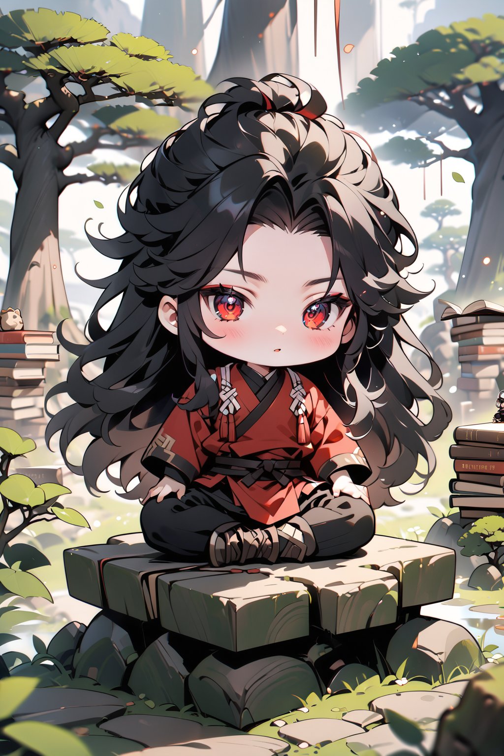 Masterpiece, best quality, absurd, chibi, chibi style, 1boy, young man, black hair, long hair, lion's mane-shaped hair, red eyes, short stature, martial clothing, sitting on a stone, a giant bonsai tree is behind him, outdoors, books scattered on the ground.