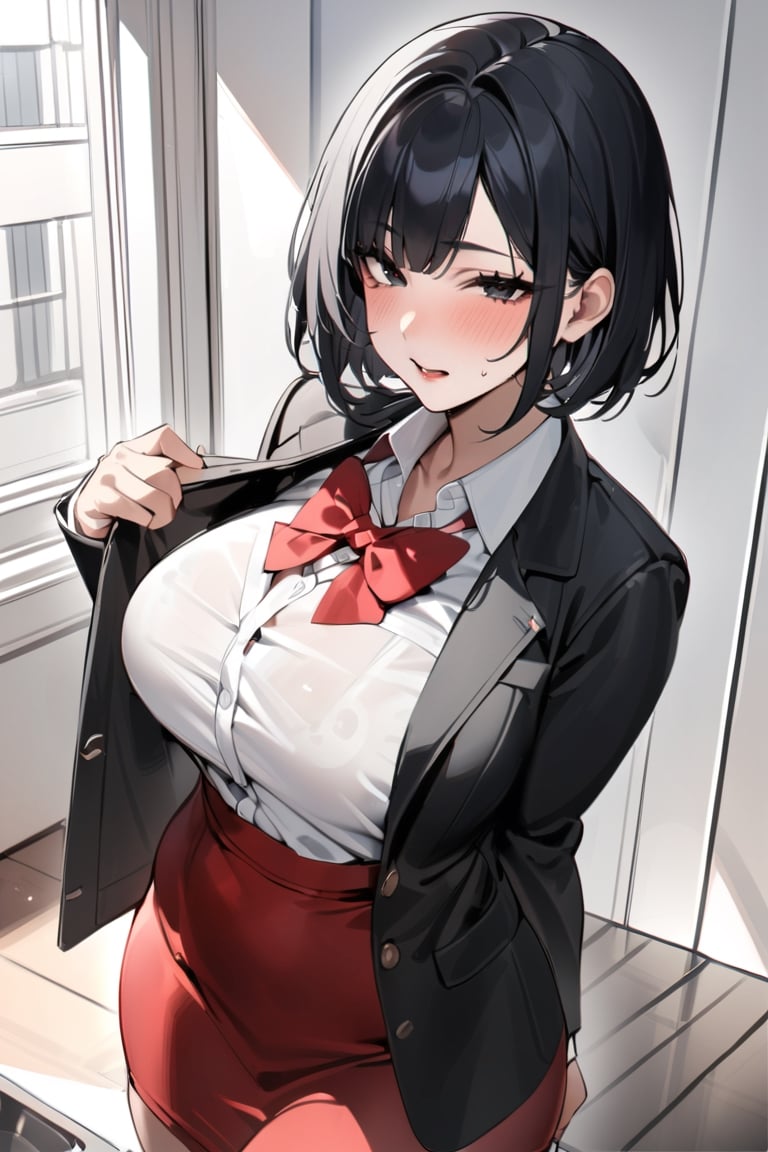 masterpiece, best quality, single, black hair, short hair, bowl haircut, messy hairstyle, sharp eyes, black eyes, school uniform, black jacket, white shirt, red bow tie, red skirt,mature female,milf