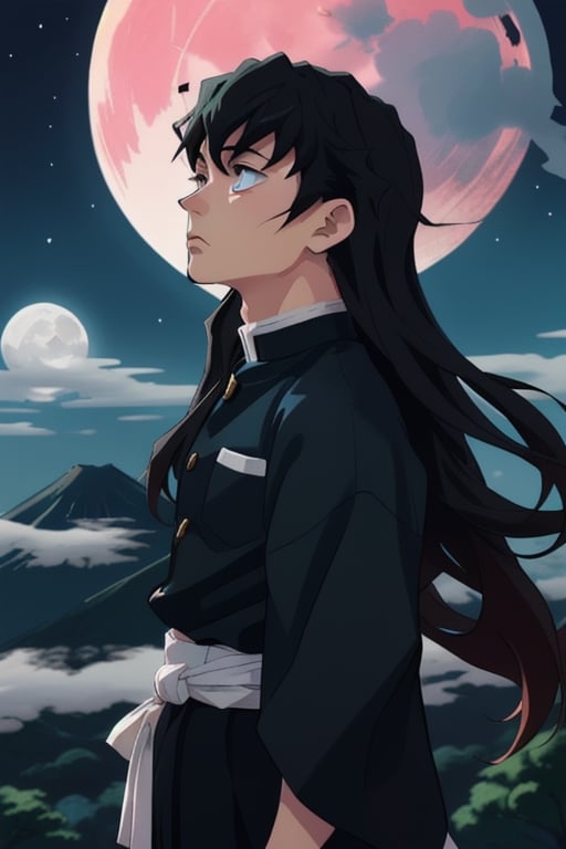 Tokito Muichiro, long hair, male, looking into the distance, moon, mist, demon slayer, sad, depressed, Japan 