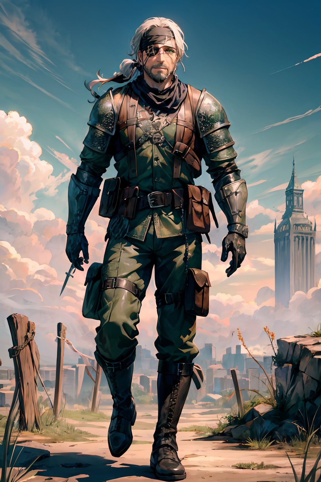 an accurate and detailed full body shot of an adult male character named The Serpent, determined expression, muscular and agile build, white hair, (short ponytail), (bandana:1.2), (right eyepatch:1.5), (left green eye:1.5), beard stubble, (medieval military style), fitted army fatigues, (chainmail and leather armor:1.3), swords on back, Utility Belt with potions and holster, Tactical camouflage pants, Heavy-duty combat boots, weathered and worn, masterpiece, high quality, 4K, Big Boss, Pastel