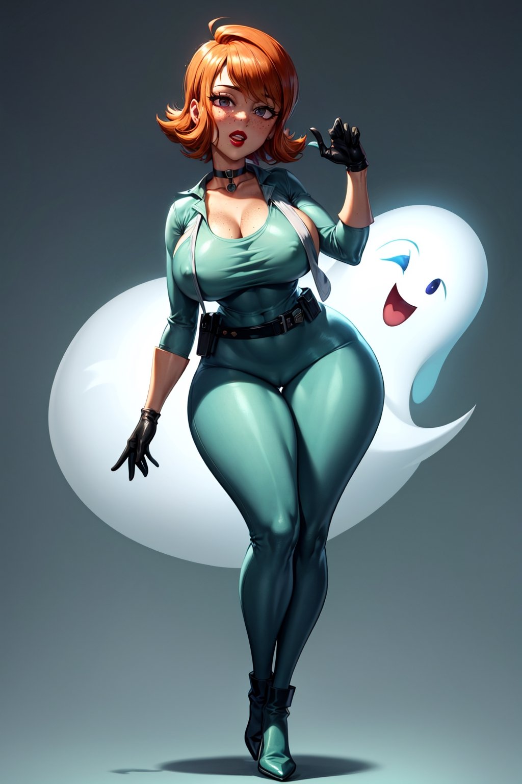 an accurate and detailed full-body shot of Sadie, tall, curvy, wide hips, huge butt, athletic, rich auburn hair in a 1950s coiffed bob hairstyle with bangs, Freckles on cheeks, dark Violet eyes with green flecks, rosy cheeks, luscious lips, (vibrant teal skintight ghost-hunting bodysuit with longsleeves), (pale-green open vest), (black utility belt with technological gadgets), (green gloves), (Green heeled boots), Teal choker necklace, Quirky and sweet, retro and sci-fi, masterpiece, best quality, 4K, Madeline Fenton (Danny Phantom), dextersmom, gloves, jewelry,