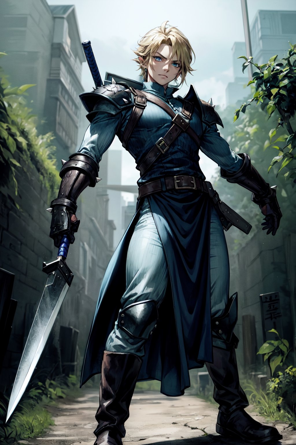 wide full-length shot, action pose, Cole has dirty blonde hair styled with some spikes neat but defiant, His eyes glow blue-green, one eye brighter than the other to show some ancient magic within, He wears a dark green tunic lined with silver plates like an armored SOLDIER uniform, The tunic extends to his knees for ease of movement, Underneath is a black undershirt with one sleeve missing to allow greater shoulder movement, He wears a pauldron on his other shoulder, He wears tough leather gauntlets on both hands and arms, Cole wields a single-edged broadsword reminiscent of the Buster Sword but lighter and engraved with Hylian runes along its fuller, At his waist hangs gadgets like bombs, and a hookshot, His boots appear made for both forest treks and urban missions, Cole's personality echoes his heroic determinations tempered by dark burdens, masterpiece, high quality, 4K, Cloud, ootLink, holding_swor