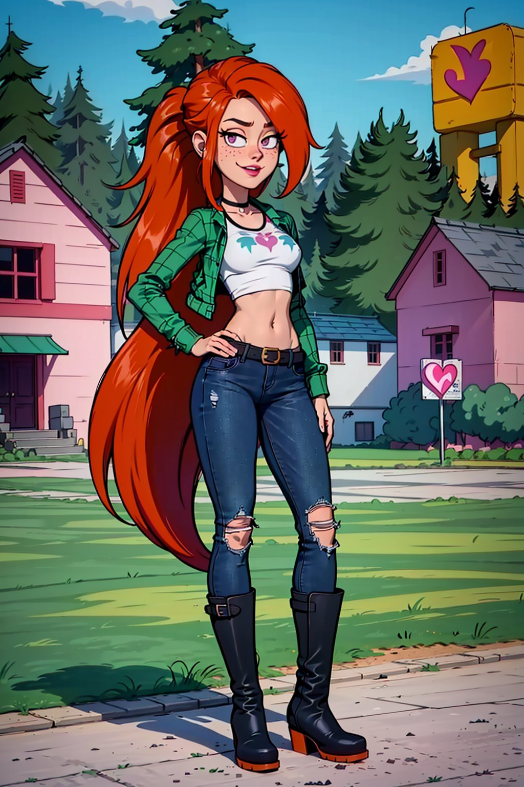 an accurate and detailed full body shot of a young adult female character named Vindy, 1girl, tall, slender, athletic build, Vibrant orange-red hair, (long and wavy hair), (spiky bangs and a high ponytail), expressive eyes, pink eyes, relaxed expression, Heart-shaped face with freckles, a mischievous grin, lipstick, black choker, (A cropped green plaid flannel shirt), (opened long-sleeve jacket:1.3), (a graphic-tee of a tree underneath:1.5), midriff, ripped skinny black jeans, (purple belt:1.2), (mismatched colorful socks:1.2), (Ankle-high boots:1.5), (dark blue boots), girl-next-door vibe, masterpiece, high quality, 4K, 