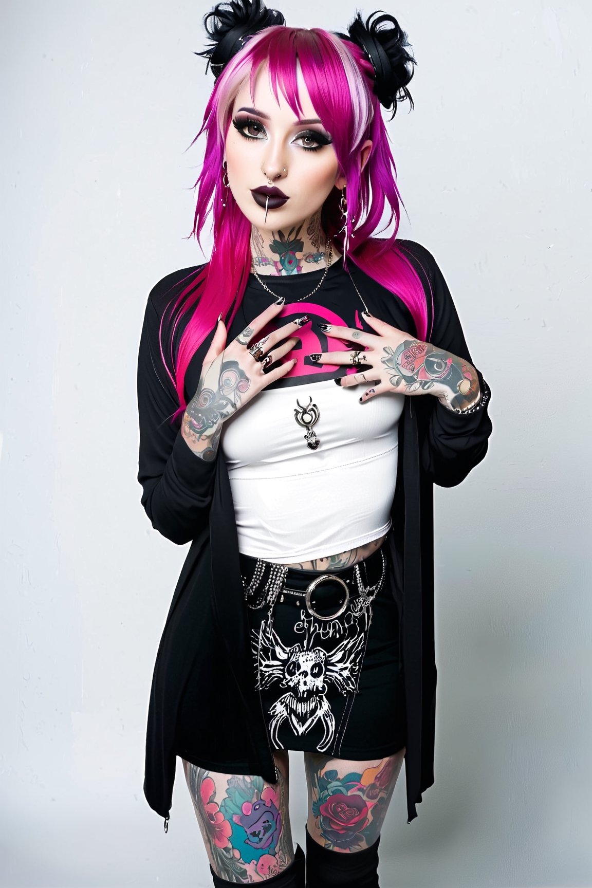 1girl, pink-emo, (piercings), (septum_ring), tattoos, full length photo shoot