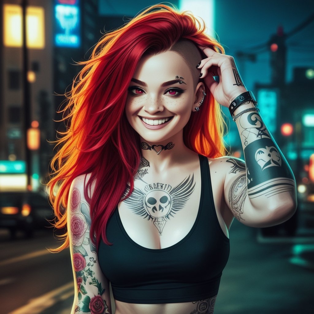 score_9,score_8_up, score_7_up, score_6_up, score_5_up, score_4_up,hyper realism, photo realistic, 8k, digital slr, 1girl, pink-emo,slim toned physique,(((piercings, septum_ring, tattoos, face tattoos))), ginger, freckles , (bright red hair, blonde tips, flowing, long, wavy), black tank top, shorts, smile, urban nightime setting, bokeh