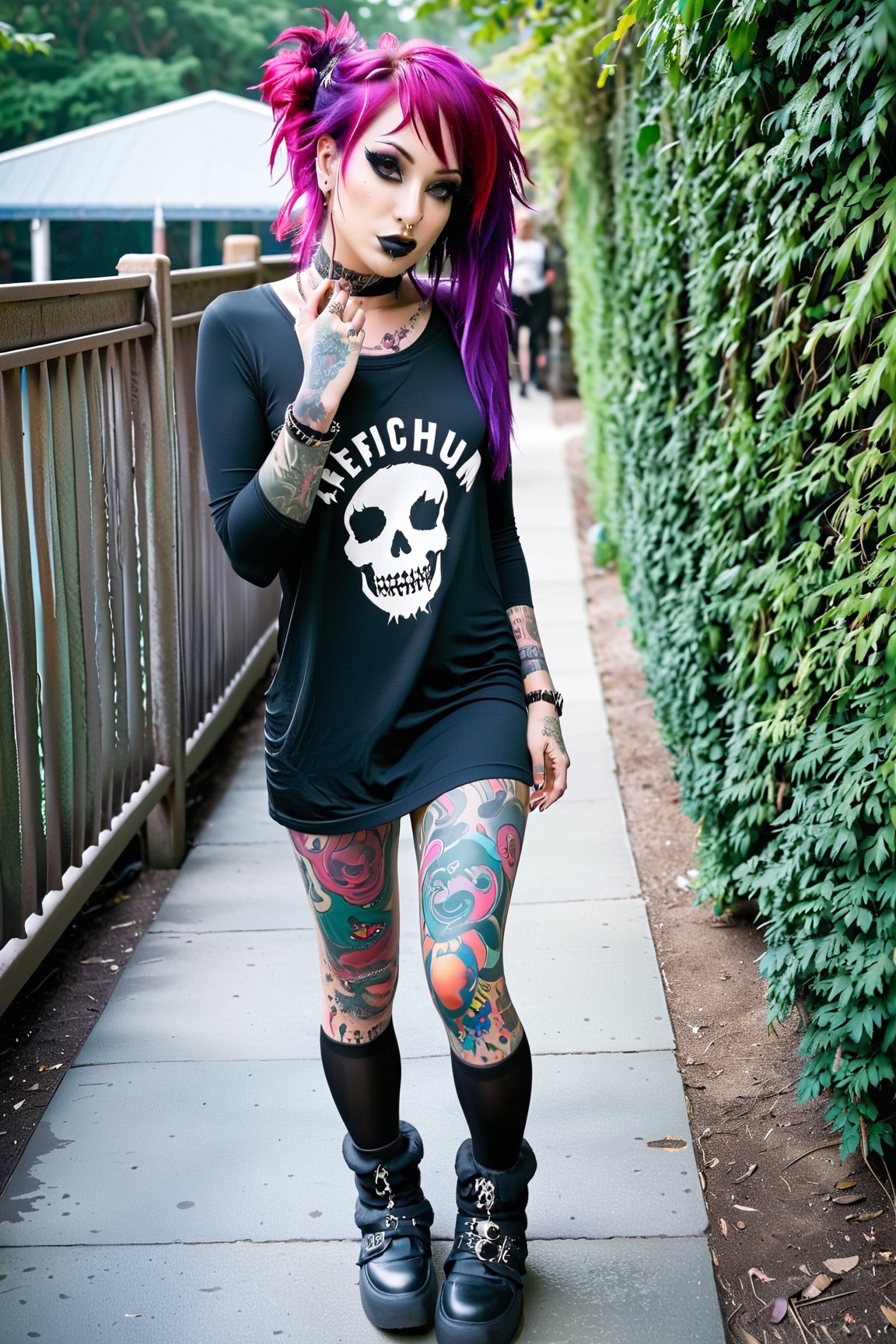 1girl, pink-emo, (piercings), (septum_ring), tattoos, full length photo shoot