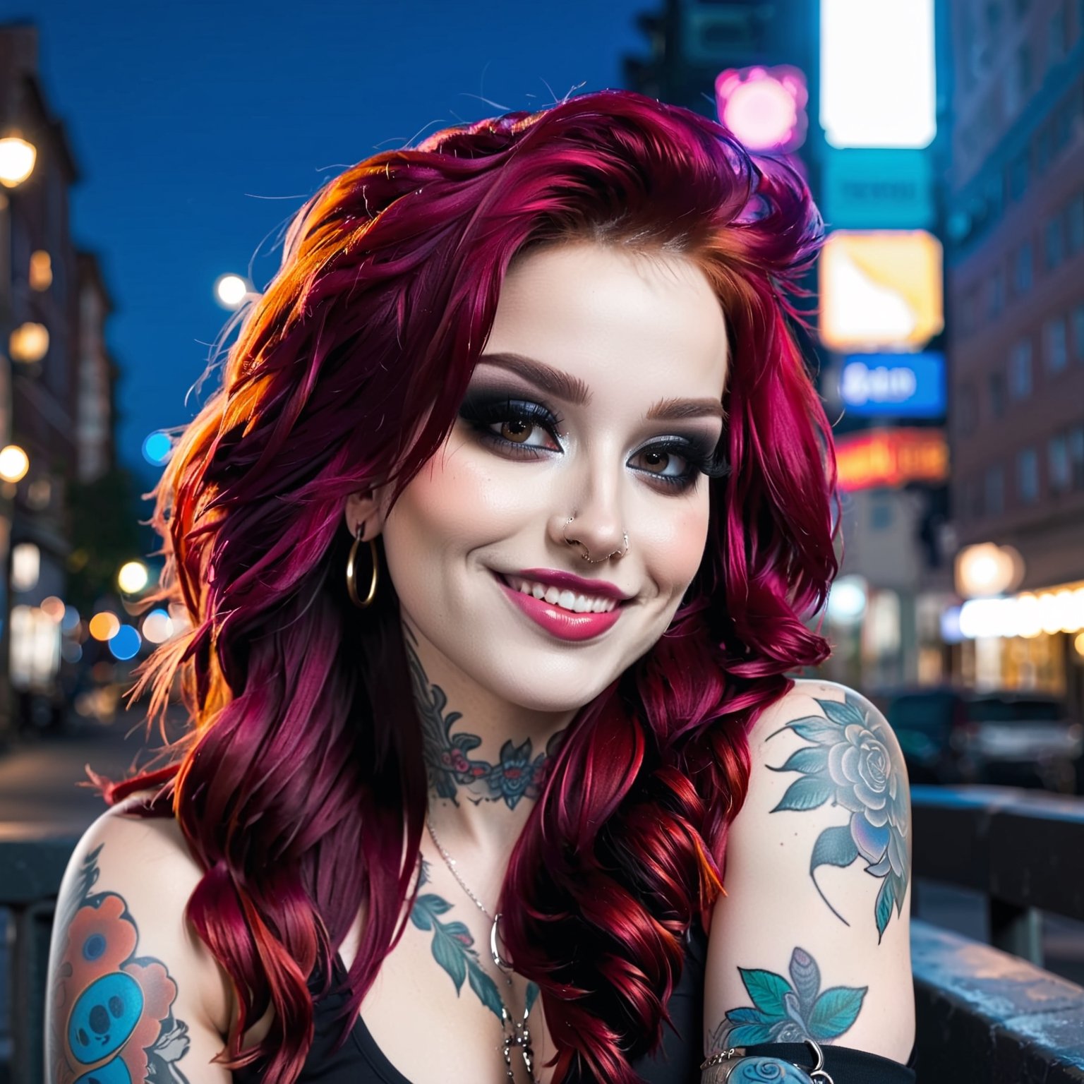 1girl, pink-emo, (((piercings, septum_ring, tattoos, face tattoos))), ginger, frecckes, (long wavy red hair), seductive smile, urban nightime setting, bokeh