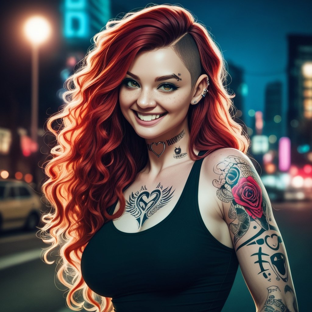 score_9,score_8_up, score_7_up, score_6_up, score_5_up, score_4_up,hyper realism, photo realistic, 8k, digital slr, 1girl, pink-emo,slim toned physique,(((piercings, septum_ring, tattoos, face tattoos))), ginger, freckles , ((bright red hair, blonde tips, flowing, long wavy flowing hair)), black tank top, shorts, smile, urban nightime setting, bokeh