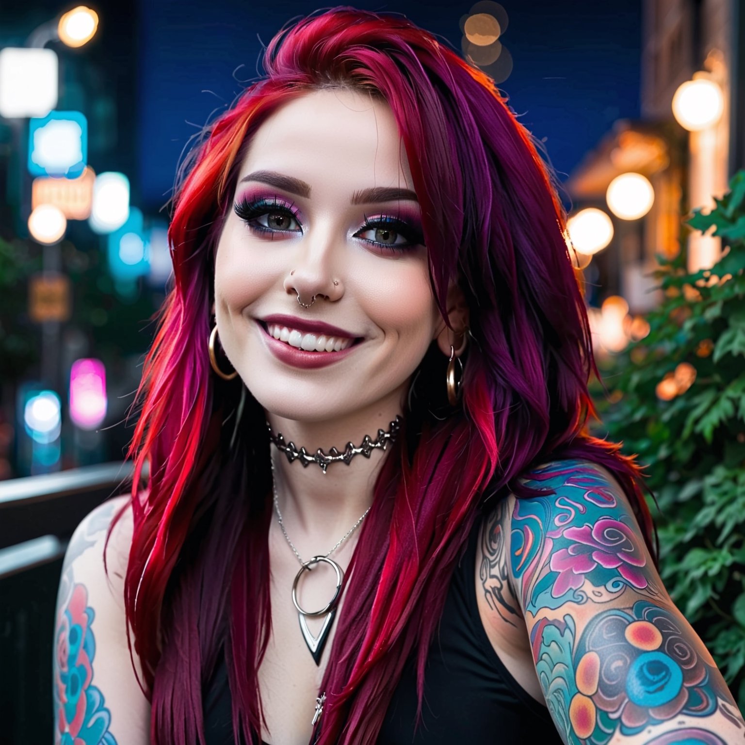 1girl, pink-emo, (((piercings, septum_ring, tattoos, face tattoos))), long red hair, seductive smile, urban nightime setting, bokeh