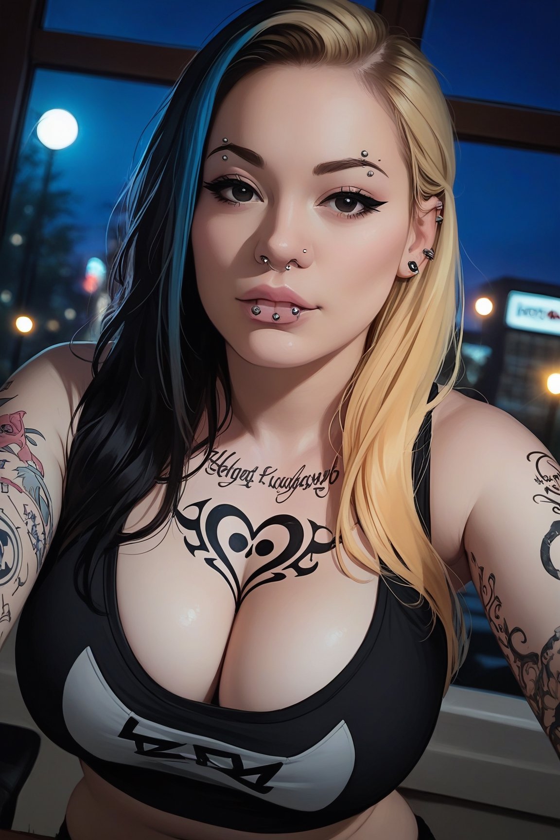 score_9,score_8_up, score_7_up, score_6_up, score_5_up, score_4_up, hyper realism, photo realistic, 8k, digital slr, kira, 1girl, solo, long hair, breasts, looking at viewer, blonde hair, large breasts, shirt, black hair, cleavage, jewelry, medium breasts, multicolored hair, black eyes, lips, (((tattoos))), night, pov, piercing, realistic, nose, ((chest tattoo, breast tattoo, lip piercing, eyebrow piercing)),pink-emo