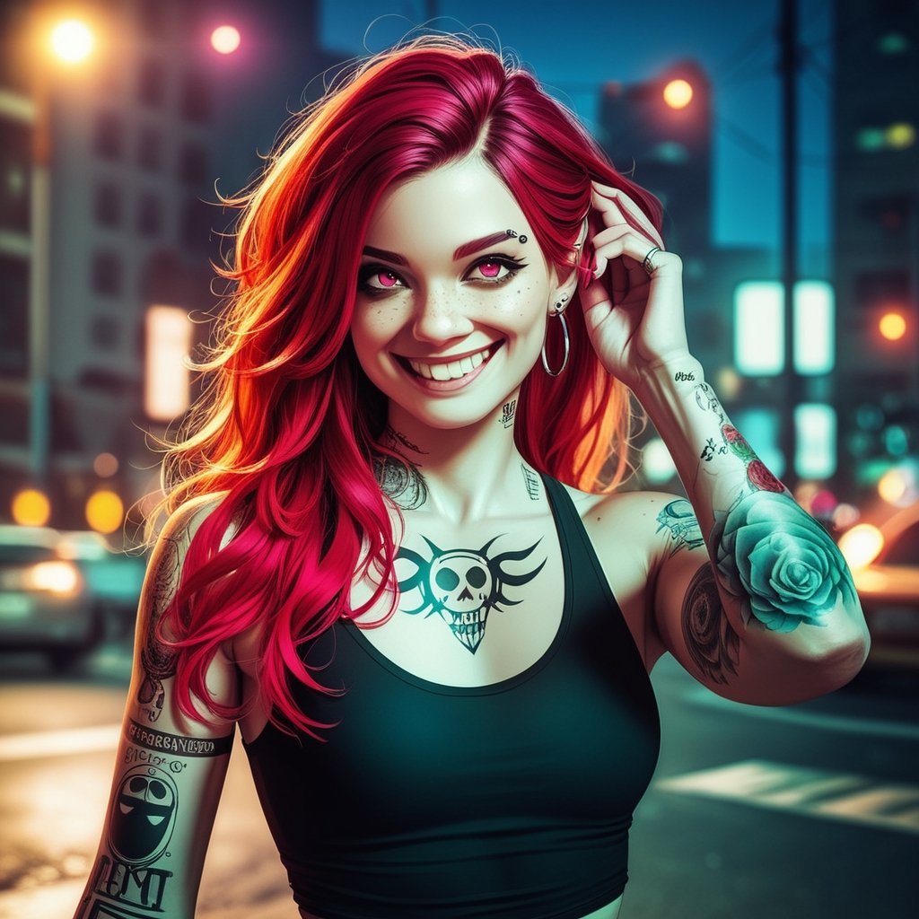 score_9,score_8_up, score_7_up, score_6_up, score_5_up, score_4_up,hyper realism, photo realistic, 8k, digital slr, 1girl, pink-emo,(slim toned physique),(((piercings, septum_ring, tattoos, face tattoos))), ginger, freckles , (bright red hair, blonde tips, flowing, long, wavy), black tank top, small breasts,shorts, smile, mouth closed, urban nightime setting, bokeh,pink-emo