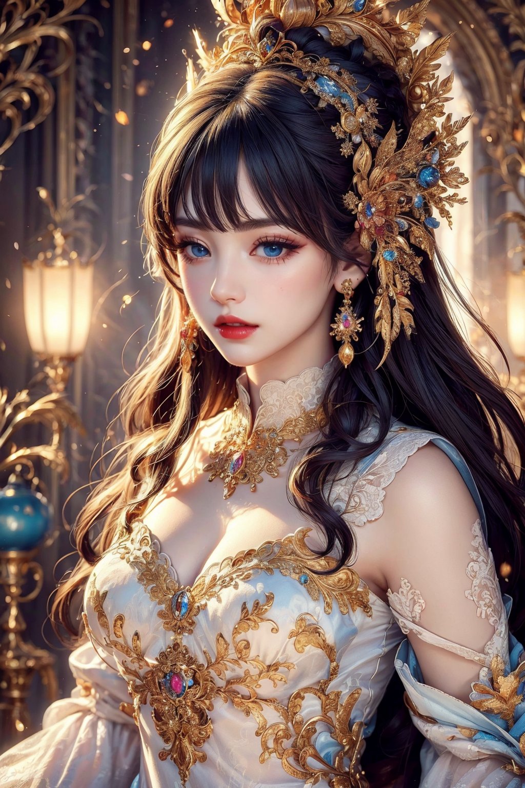 busty and sexy girl, 8k, masterpiece, ultra-realistic, best quality, high resolution, high definition, 1girl, solo, long hair, looking at viewer, bangs, blue eyes, black hair, hair ornament, jewelry, closed mouth, upper body, parted lips, indoors, blunt bangs, blurry, lips, grey eyes, eyelashes, makeup, gem, headdress, red lips, gold