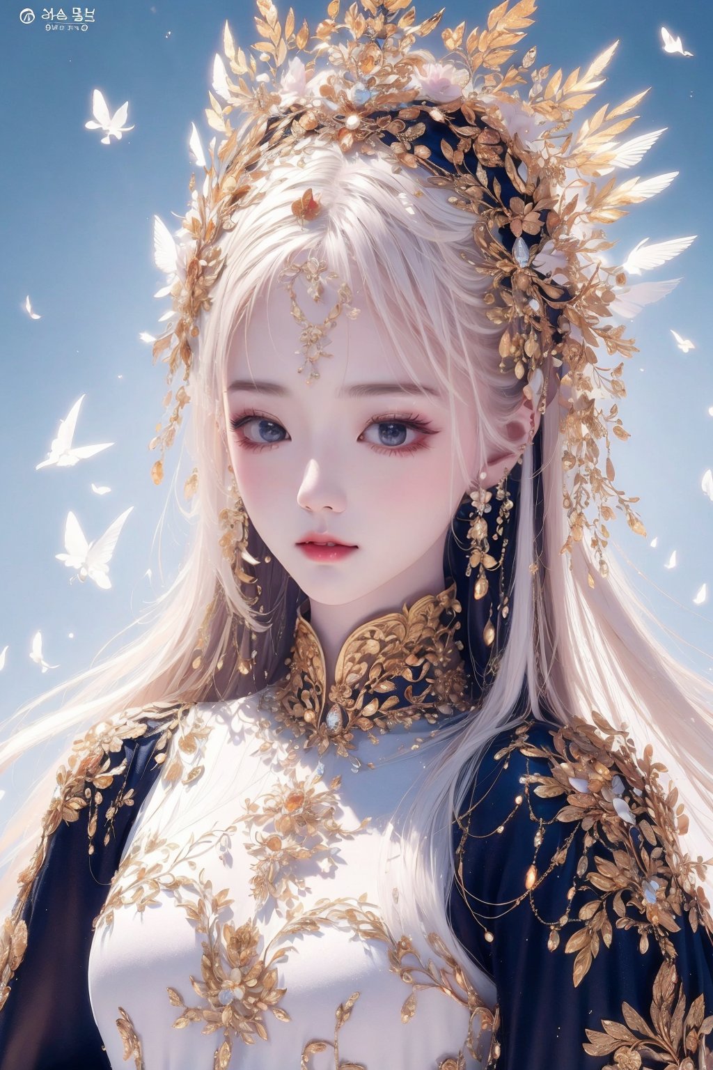 busty and sexy girl, 8k, masterpiece, ultra-realistic, best quality, high resolution, high definition, Chinese female warrior in the style of Korean animation. The character should have an elegant and heroic posture, wearing traditional yet stylized warrior attire that reflects a blend of historical and fantasy elements. The color palette should include rich golds, reds, and blues, with intricate floral patterns similar to those in the original image. The background should be grand and detailed, possibly including architectural elements that enhance the character's presence.