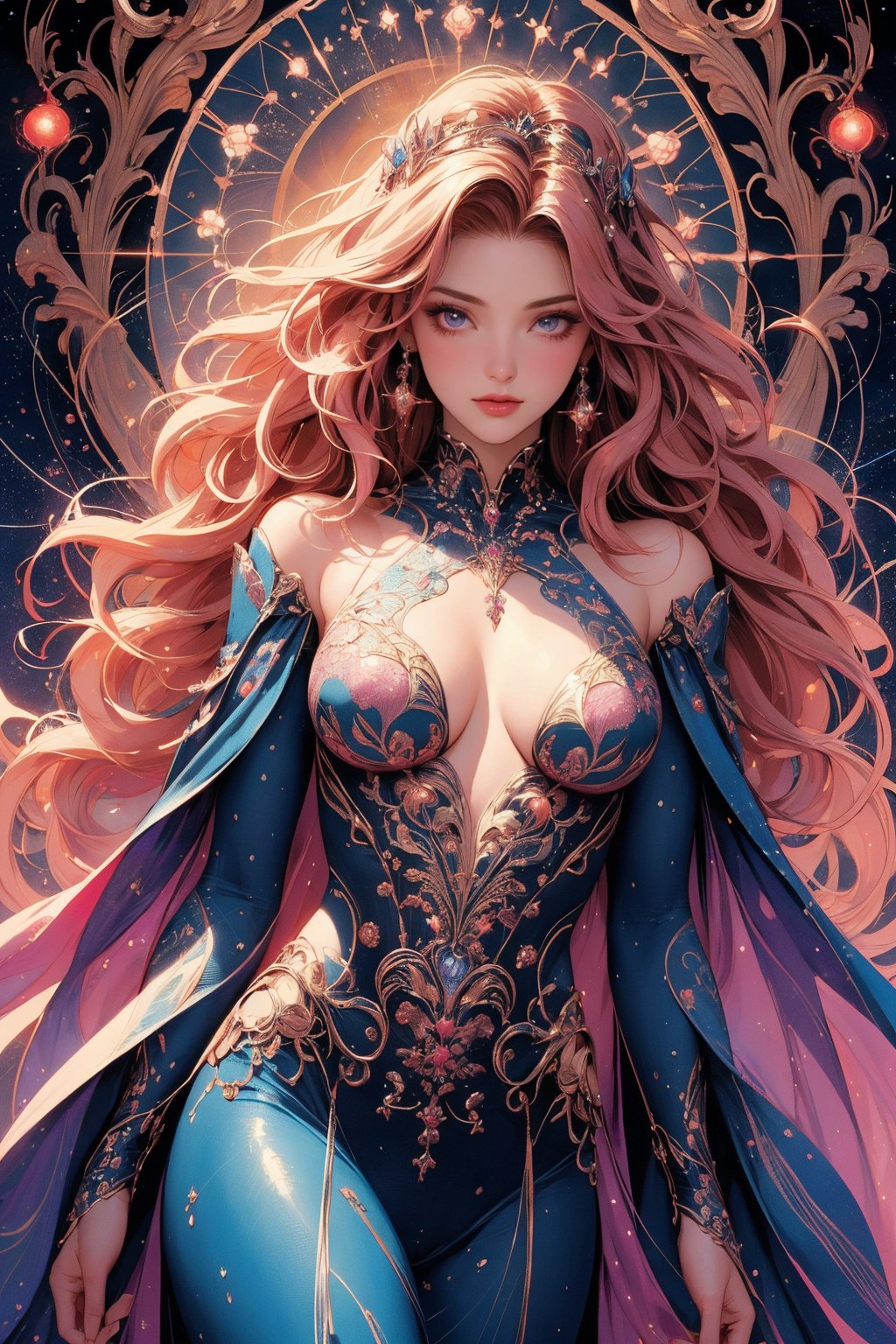 busty and sexy girl, 8k, masterpiece, ultra-realistic, best quality, high resolution, high definition,The image presents a stylized depiction of a female character with fantasy elements. The character has curly hair and is adorned with sparkling jewelry that resembles a constellation pattern, suggesting a celestial theme. The background is dark, speckled with stars, which enhances the cosmic feel of the image. The color palette is rich with purples, blues, and pinks, contributing to the otherworldly aesthetic. The character's attire includes intricate, wing-like structures that add to her ethereal appearance. The overall impression is one of a digital illustration that combines elements of fantasy and science fiction.