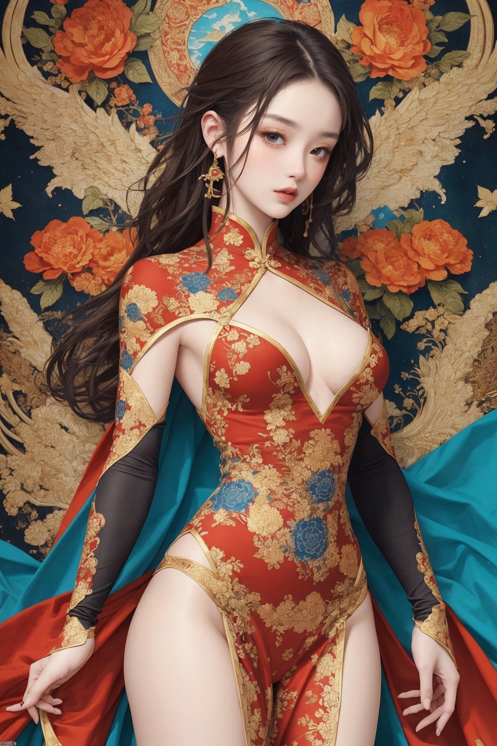 busty and sexy girl, 8k, masterpiece, ultra-realistic, best quality, high resolution, high definition, Chinese female warrior in the style of Korean animation. The character should have an elegant and heroic posture, wearing traditional yet stylized warrior attire that reflects a blend of historical and fantasy elements. The color palette should include rich golds, reds, and blues, with intricate floral patterns similar to those in the original image. The background should be grand and detailed, possibly including architectural elements that enhance the character's presence.